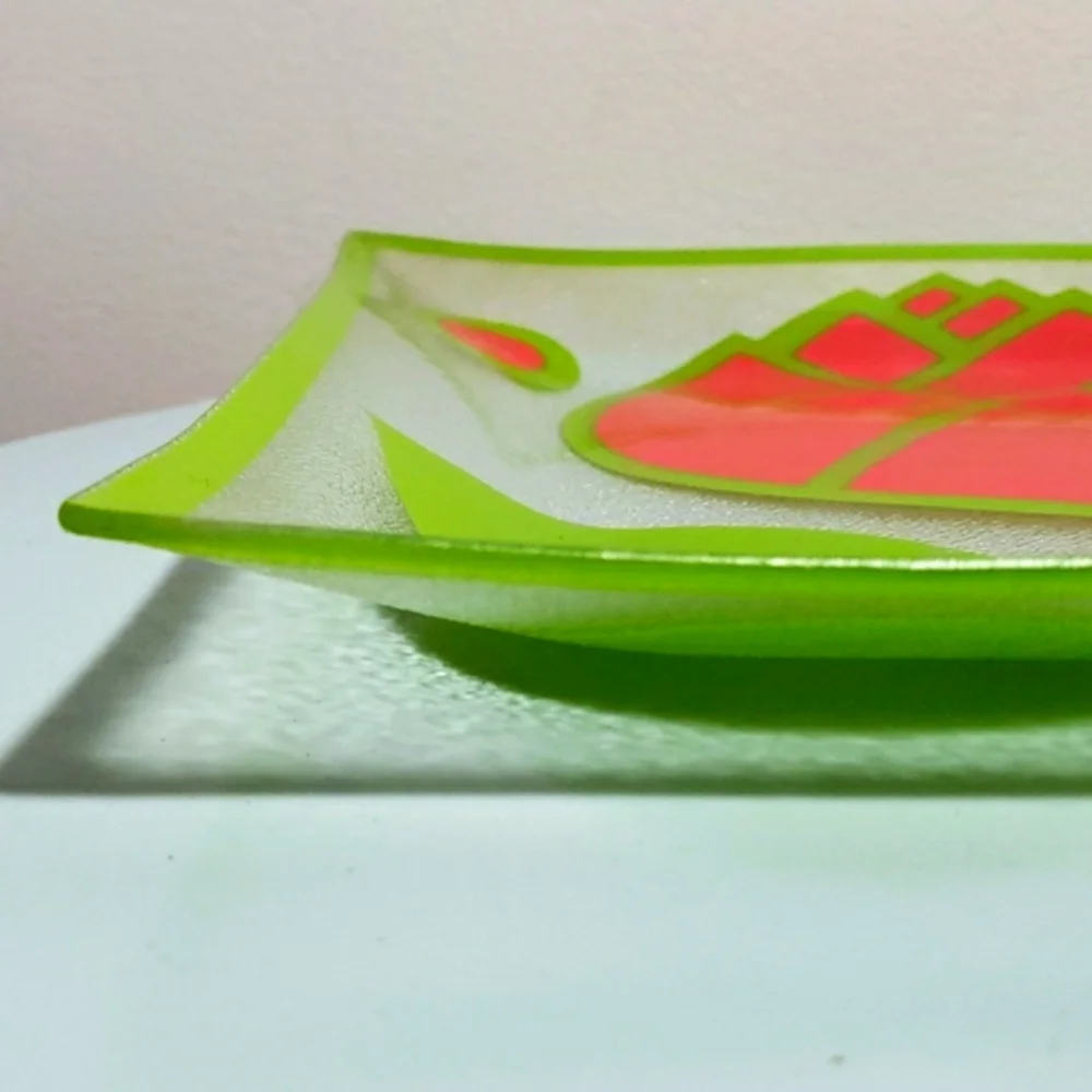 VTG 60S COLONY Glass Red Tulip & Green Leaf Clear Glass Square Serving Dish